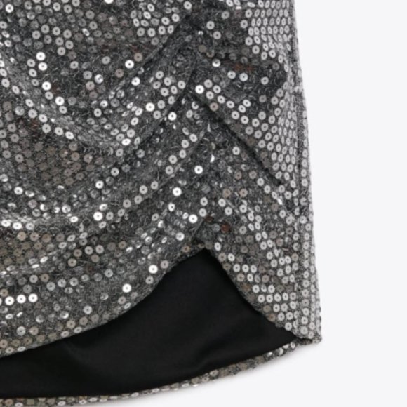 ZARA DRAPED WRAP  SILVER V NECK SEQUIN SHOULDER PADDED DRESS $119 - Picture 10 of 15